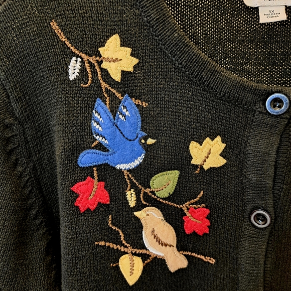 Breckenridge Black Cardigan 1X Cardinal Bluejay Cottage Core Vintage Embroidered - Picture 3 of 8